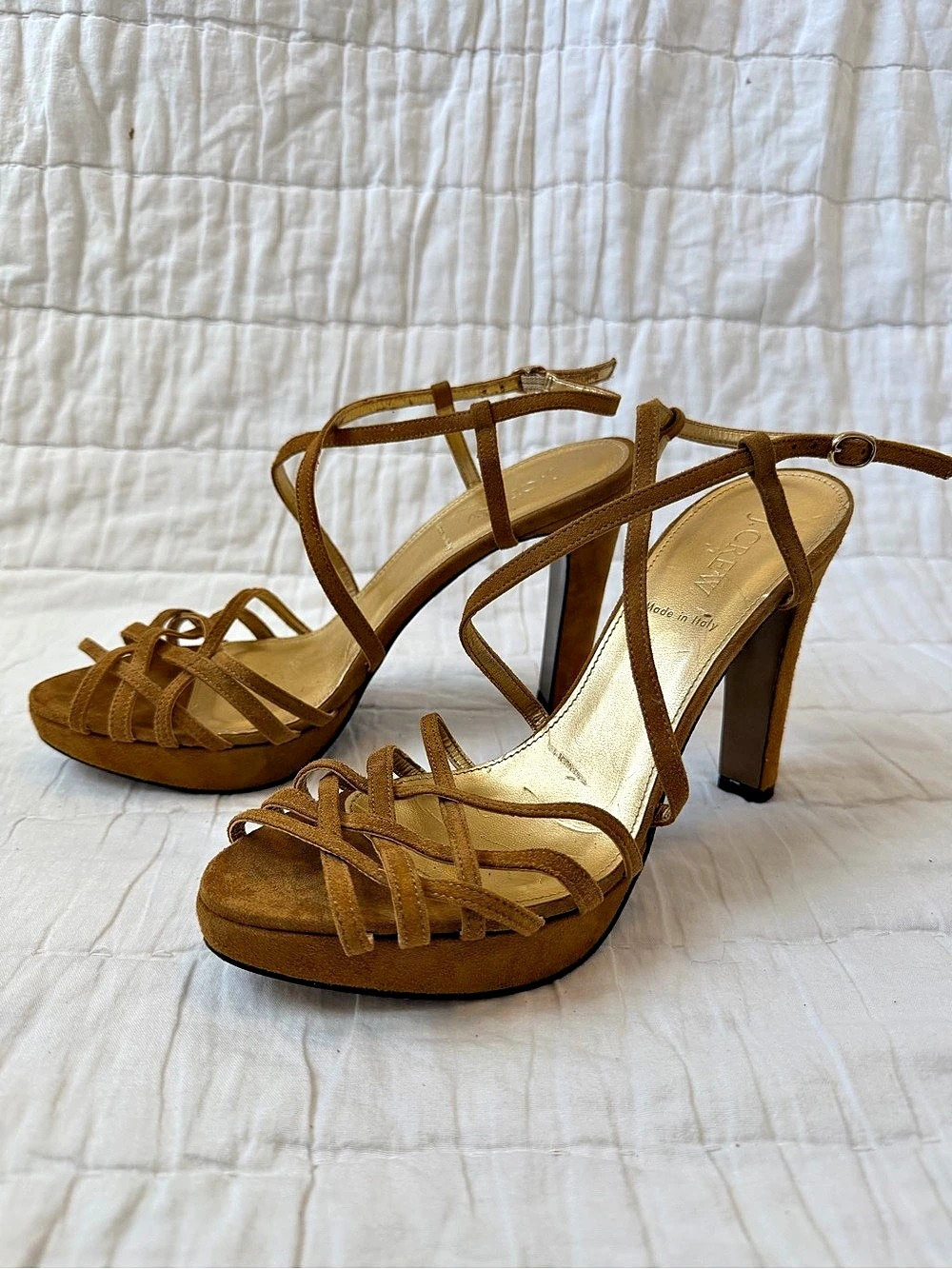 EUC J. Crew Leather Strappy Open Toe Platform Heels in Cognac Brown Suede